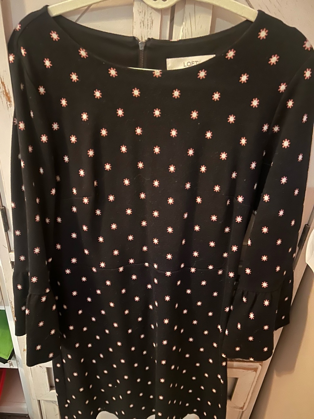 LOFT Black Dress with Pink Daisy Dot Print